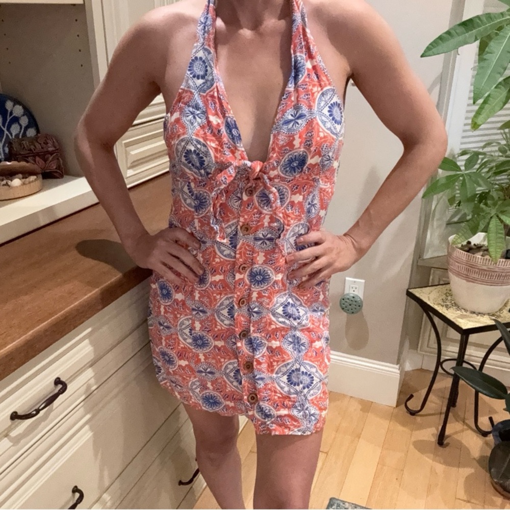 Anthropologie Floral Halter Dress in Orange and Blue